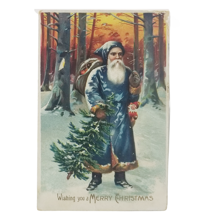 Antique Christmas Postcard, Old World Santa in Blue Robe, Saint Nick in Forest