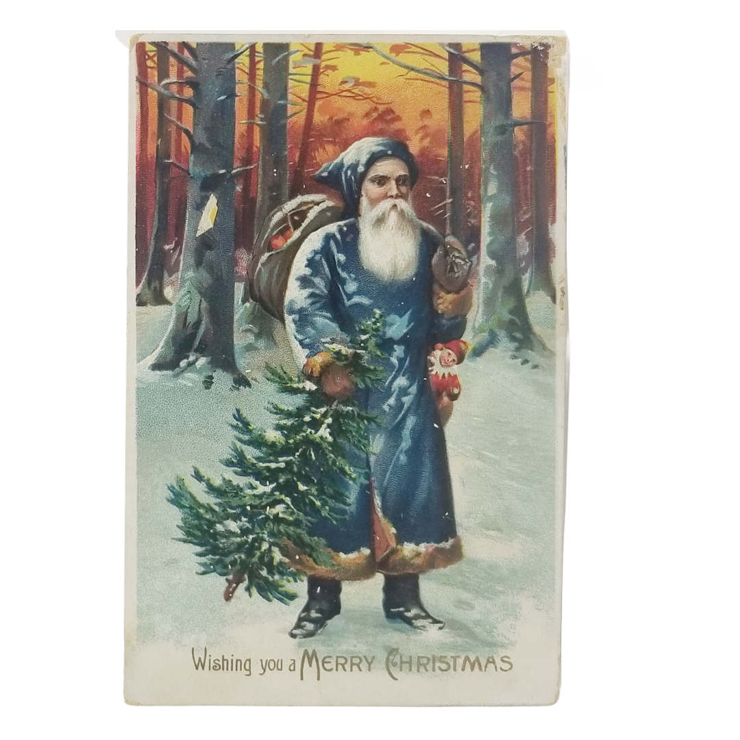 Antique Christmas Postcard, Old World Santa in Blue Robe, Saint Nick in Forest
