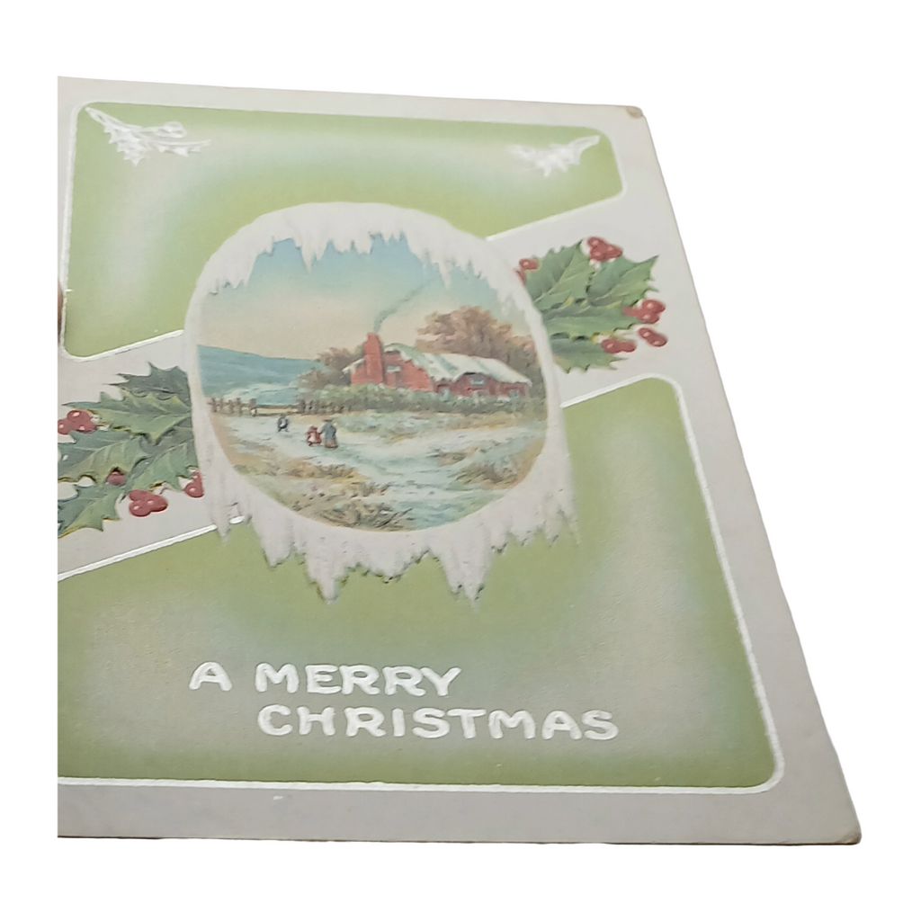 Christmas Postcard Silver Embossed Landscape in Snow with Holly
