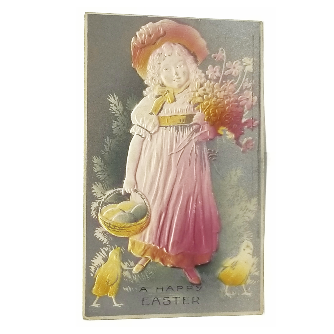 Easter Postcard Girl Flower Basket Baby Chicks Airbrush Style