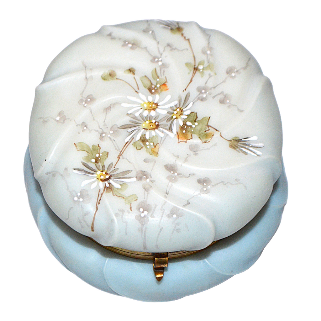 CF Monroe Helmschmeid Swirl Blue Opal Ware Dresser Box with Painted Daisies
