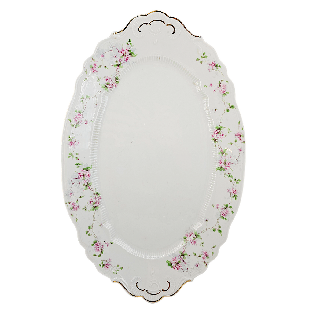 Large Antique Austrian Porcelain Carlsbad Serving Platter Pink Cabbage Rose Pattern