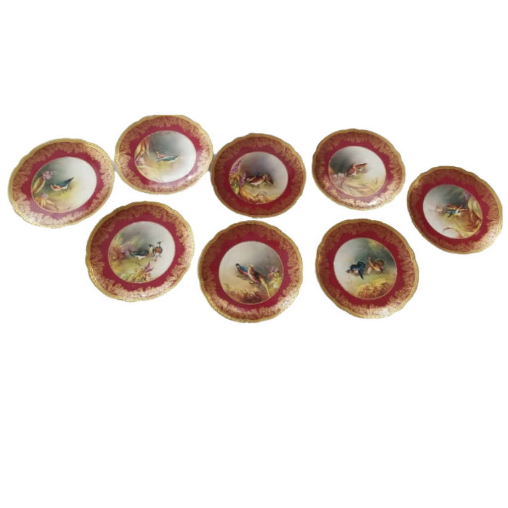 Antique Limoges 9 Piece Game Bird Service, Oval Platter with 8 Plates, Signed