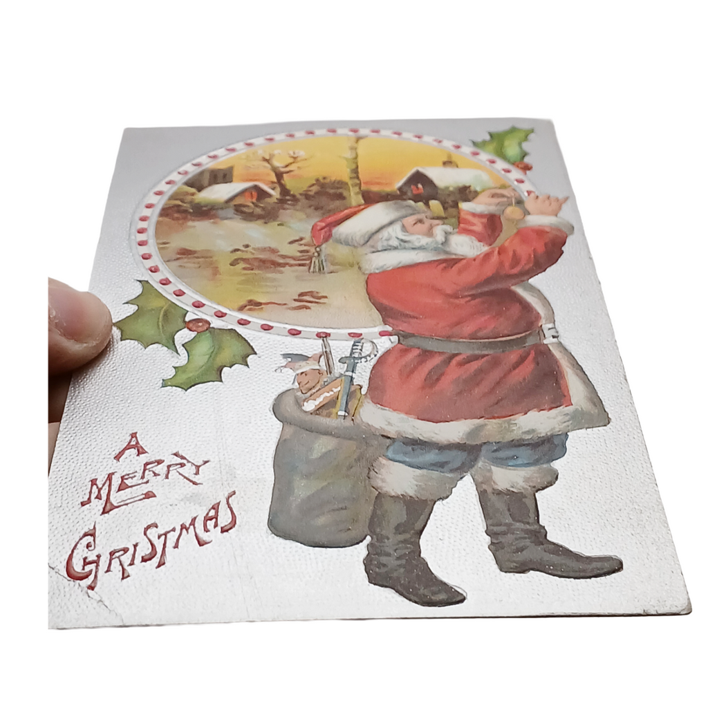 Christmas Postcard Silver Embossed Santa Claus with Goodies