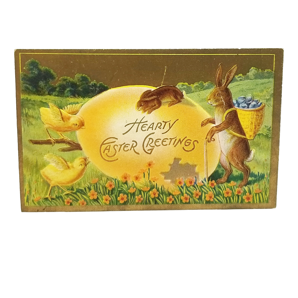 Easter Postcard Rabbits in Giant Yellow Egg Gold Embossed Series 2
