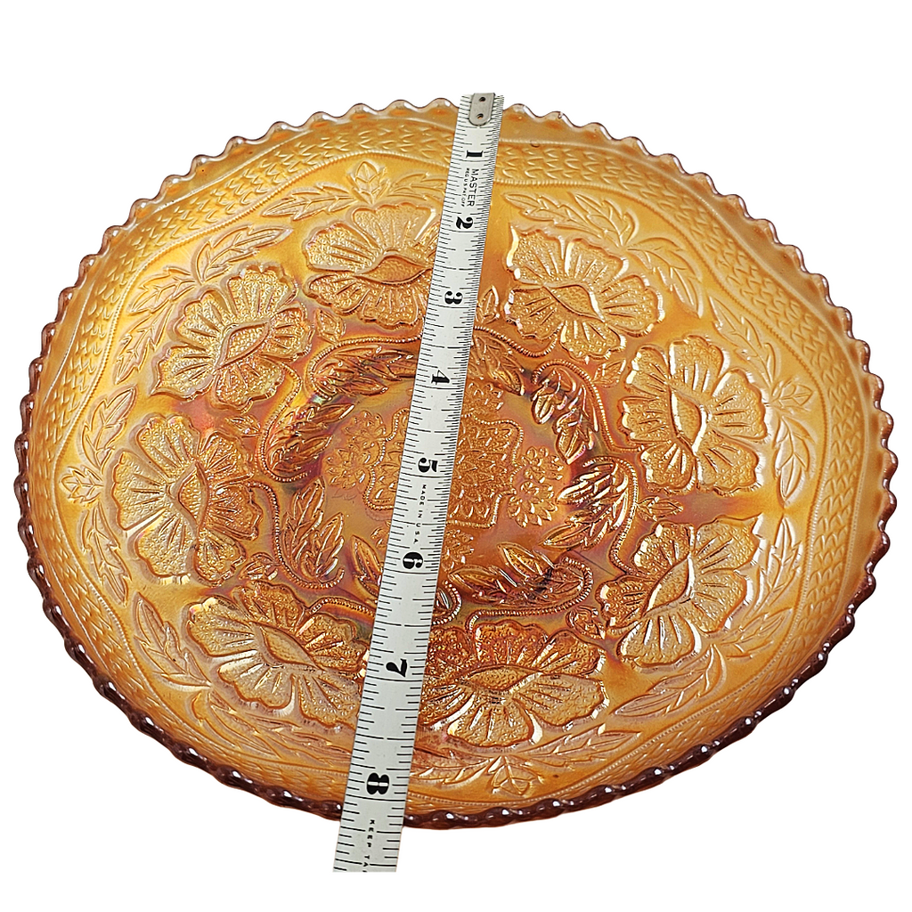 Fenton Marigold Carnival Glass Footed Bowl: Dogwood & Marsh Lily Pattern