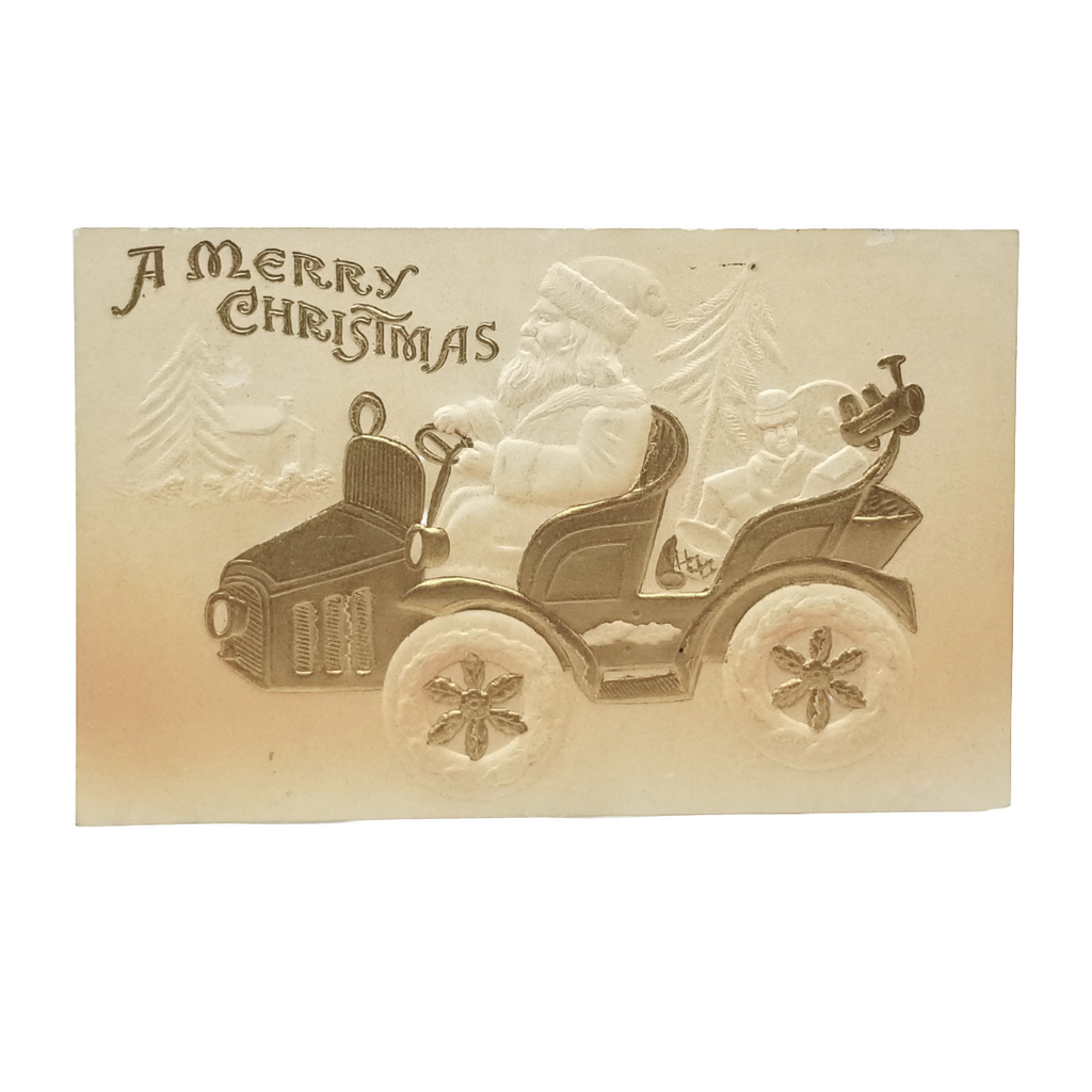 Christmas Postcard Santa Claus Driving Car with Toys Airbrush Embossed