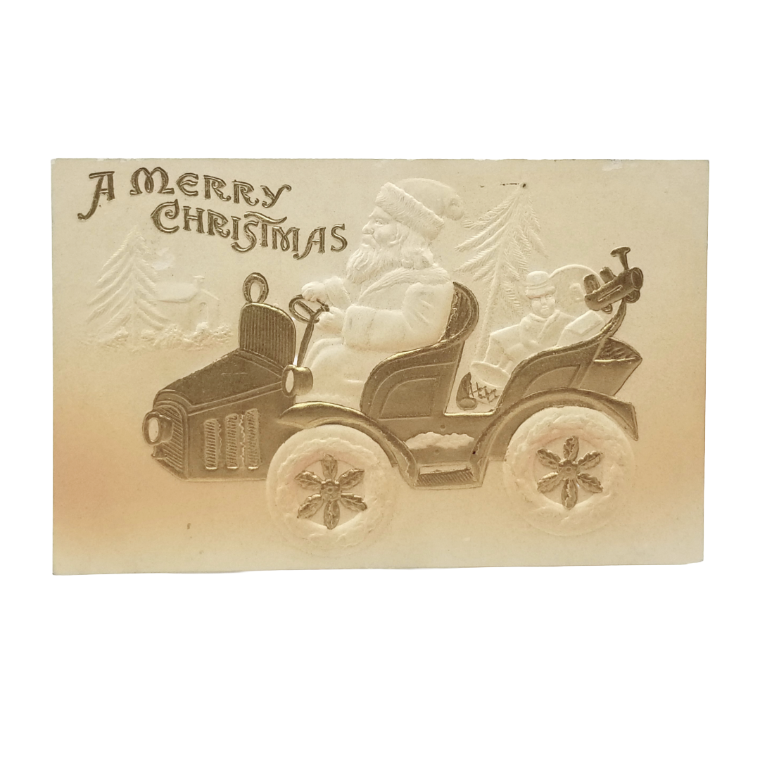 Christmas Postcard Santa Claus Driving Car with Toys Airbrush Embossed