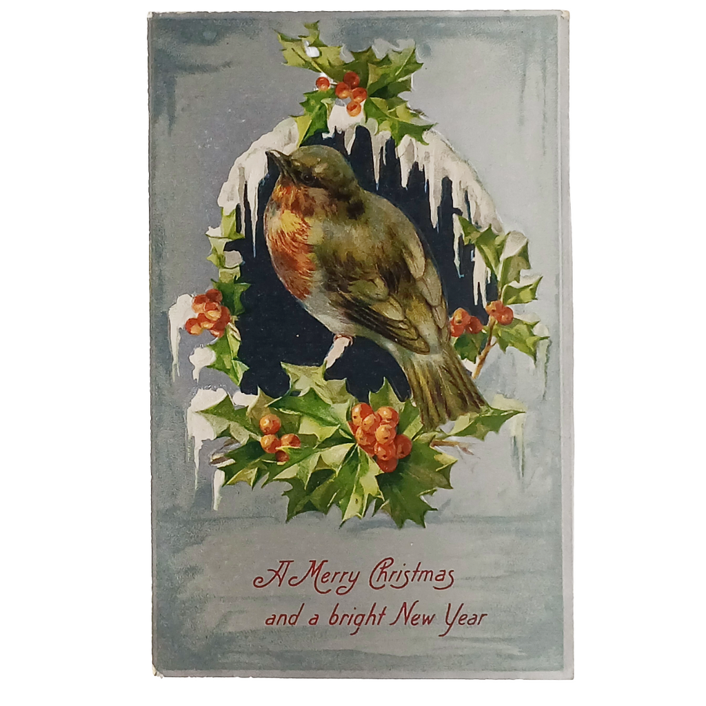 Christmas Postcard Silver Embossed Robin Bird on Holly Branch in Snow