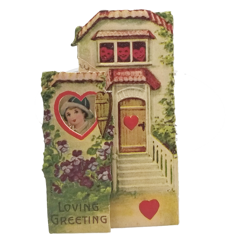 Vintage German Valentine Die Cut Card Fold Out Boy in Open Window