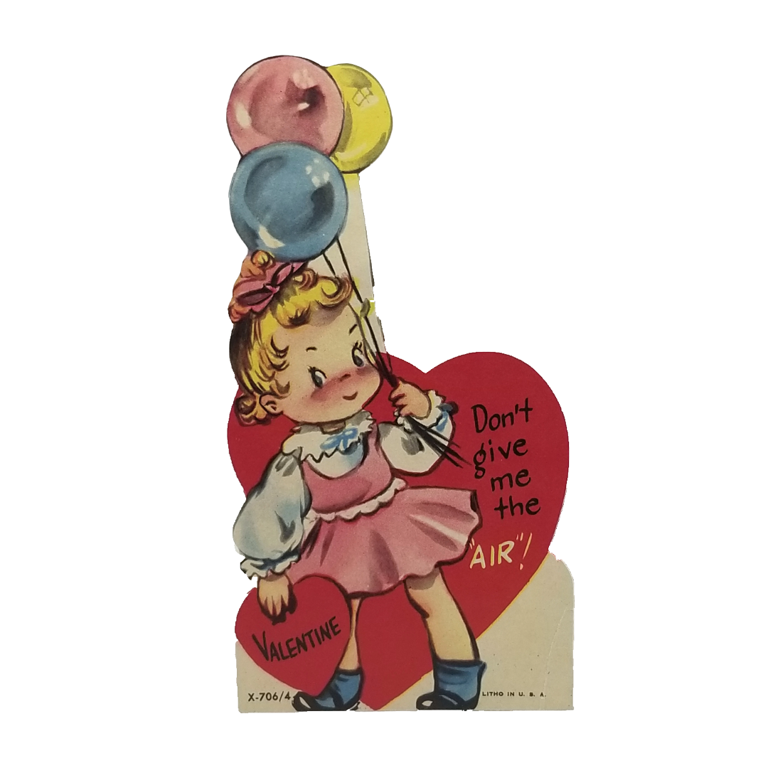 Vintage Die Cut Valentine Card Little Girl with Balloons & Hearts