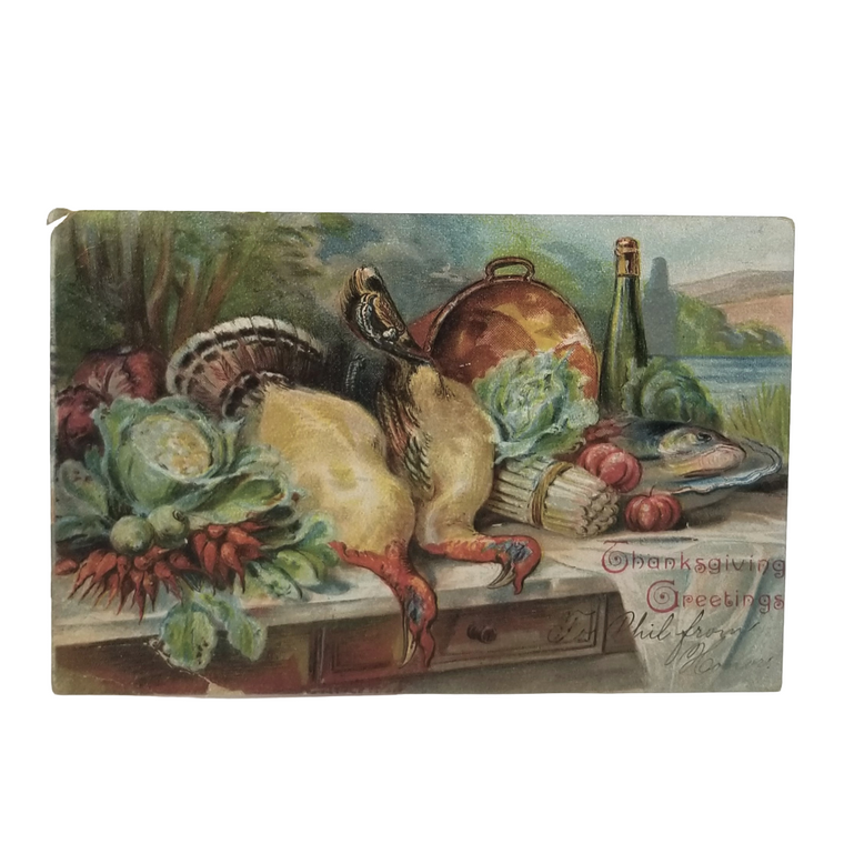 Thanksgiving Postcard Turkeys Harvest Dinner Table