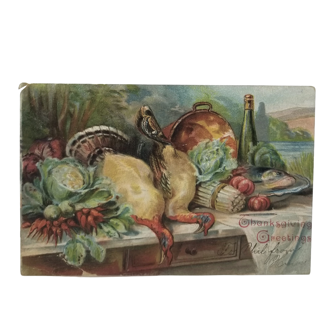 Thanksgiving Postcard Turkeys Harvest Dinner Table