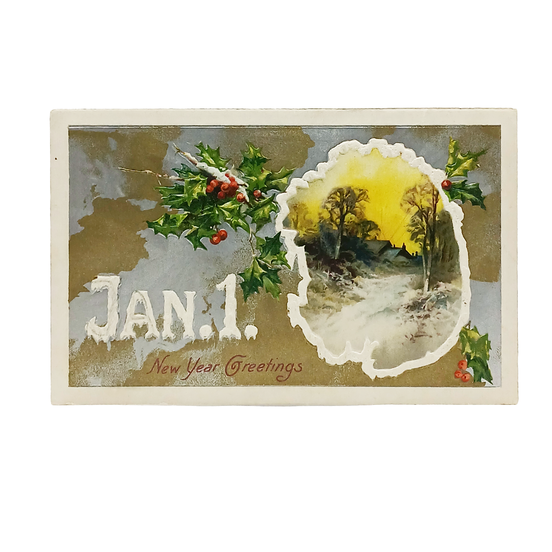 New Year Postcard Snowy Road in Mistletoe Borderline White and Gold Backing