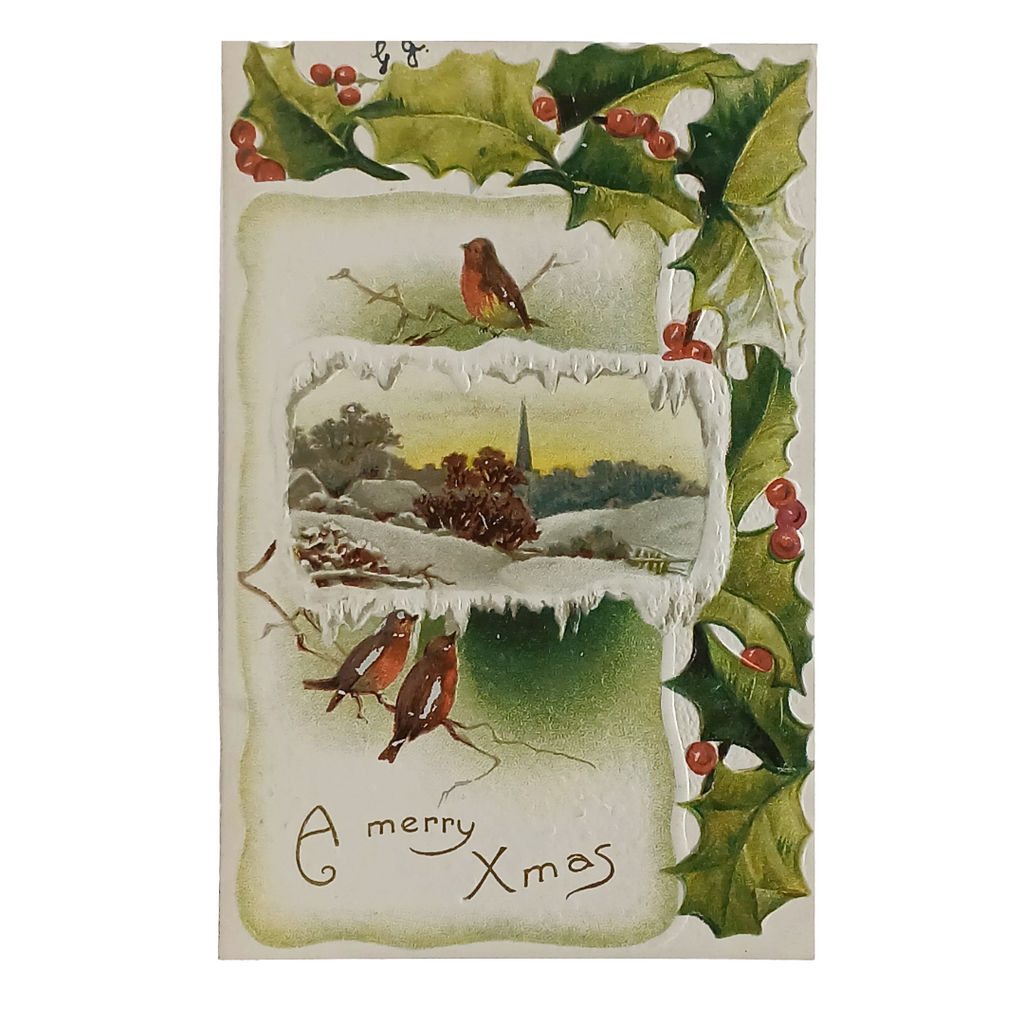 Christmas Postcard Embossed Song Birds in Snow with Landscape