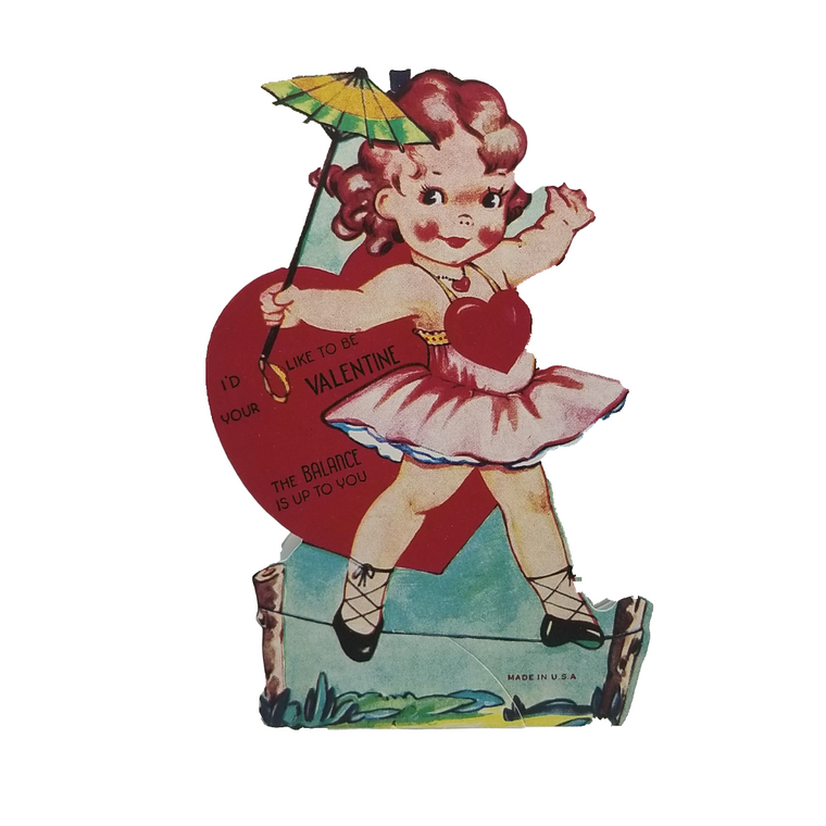 Vintage Die Cut Valentine Card Little Girl on Tightrope