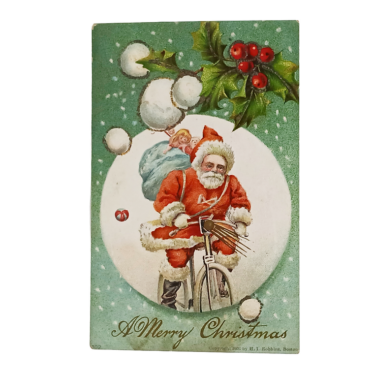 Christmas Postcard Santa Claus on Bicycle in Snow Robbins Publishing 1900s