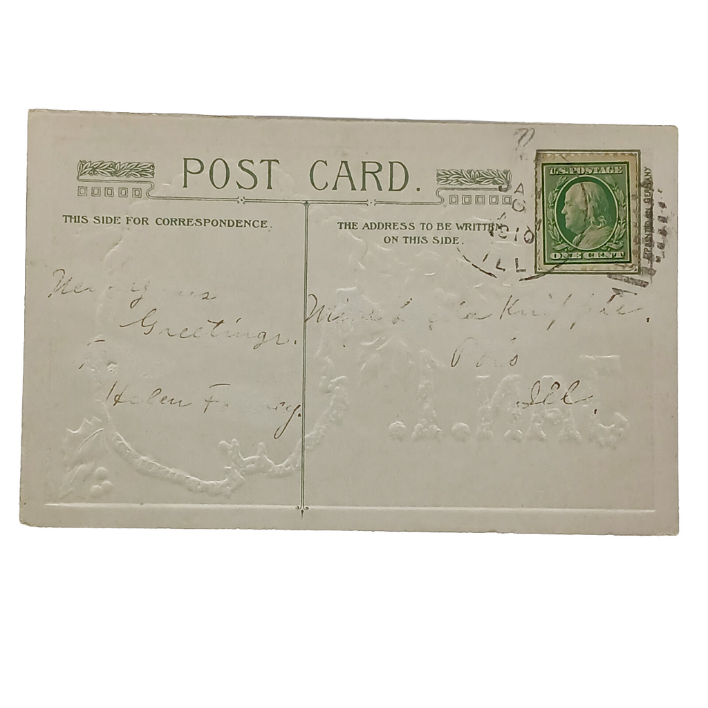 New Year Postcard Snowy Road in Mistletoe Borderline White and Gold Backing