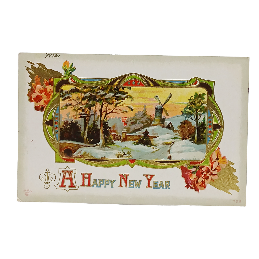 New Year Postcard Snowy Landscape w/Windmill and Flowers Green Border