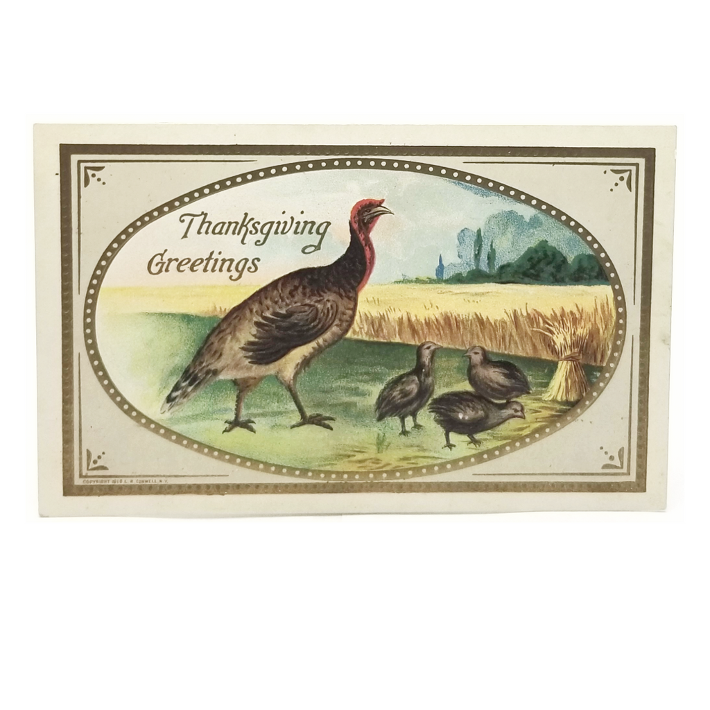 Thanksgiving Postcard Turkey with Babies in Yard Gold Highlights
