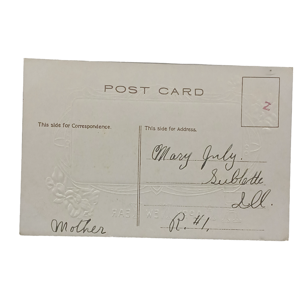 New Year Postcard Snowy Landscape w/Windmill and Flowers Green Border