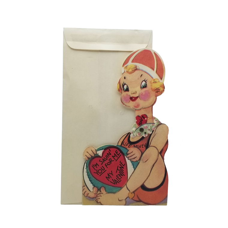 Die Cut Mechanical Valentine's Card w/ Envelope Lifeguard Girl "I'm Savin' You"