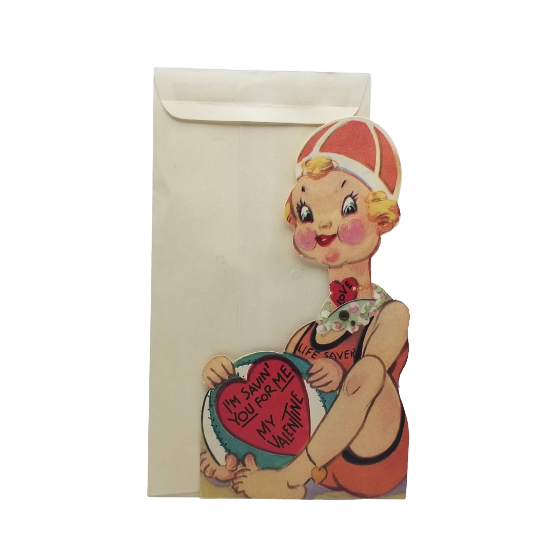 Die Cut Mechanical Valentine's Card w/ Envelope Lifeguard Girl "I'm Savin' You"
