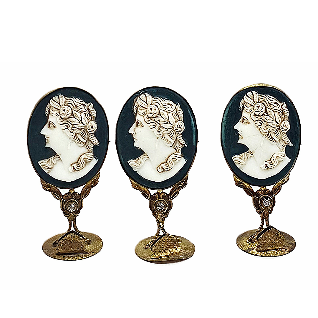 Antique Czech Jeweled Ormolu Cameo Carved Place Holder Set