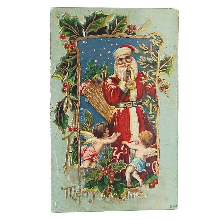 Santa Claus Christmas Postcard Saint Nick Blowing Horn with Cherubs