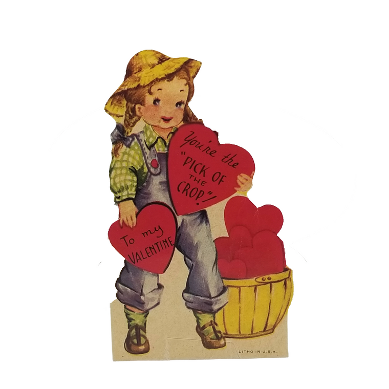 Vintage Valentine Die Cut Card Farmer Girl Harvesting Hearts in Basket