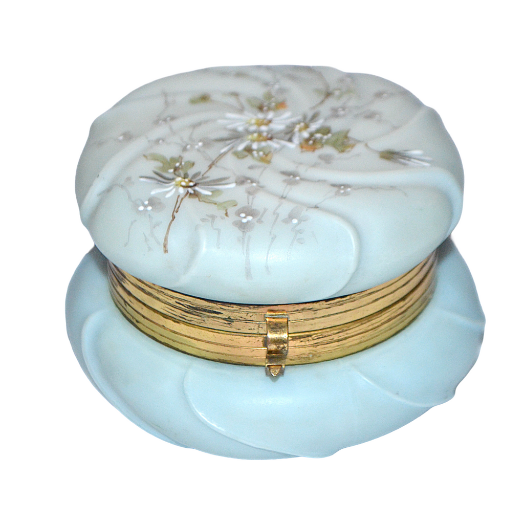 CF Monroe Helmschmeid Swirl Blue Opal Ware Dresser Box with Painted Daisies