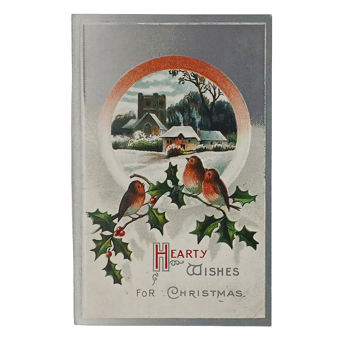 Christmas Postcard Silver Embossed Little Birds in Snow with Church