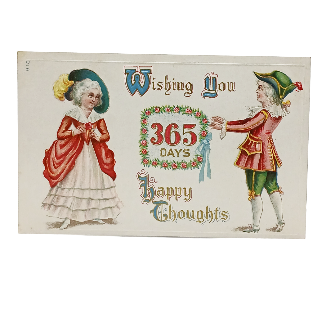 New Year Postcard Two Children Hanging Flower Wreath Calendar Series 916