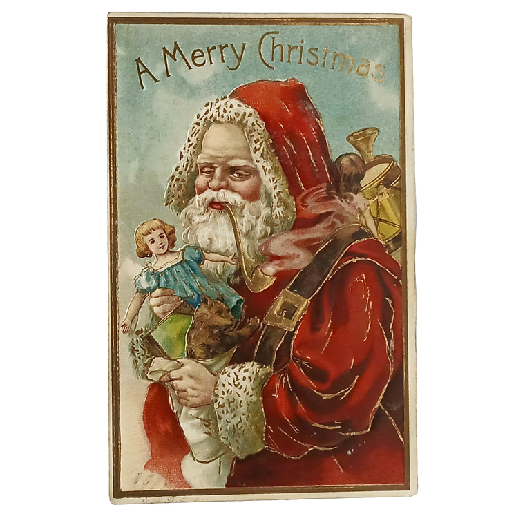 Santa Claus Christmas Postcard Saint Nick Holding Doll Gold Embossed
