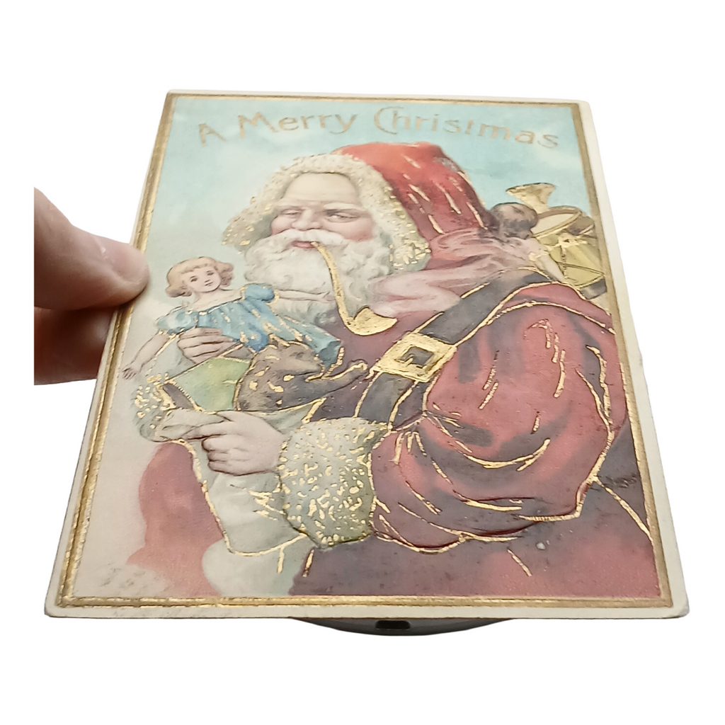 Santa Claus Christmas Postcard Saint Nick Holding Doll Gold Embossed
