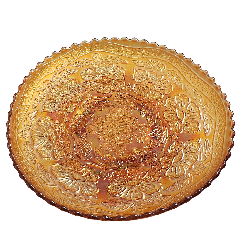 Fenton Marigold Carnival Glass Footed Bowl: Dogwood & Marsh Lily Pattern