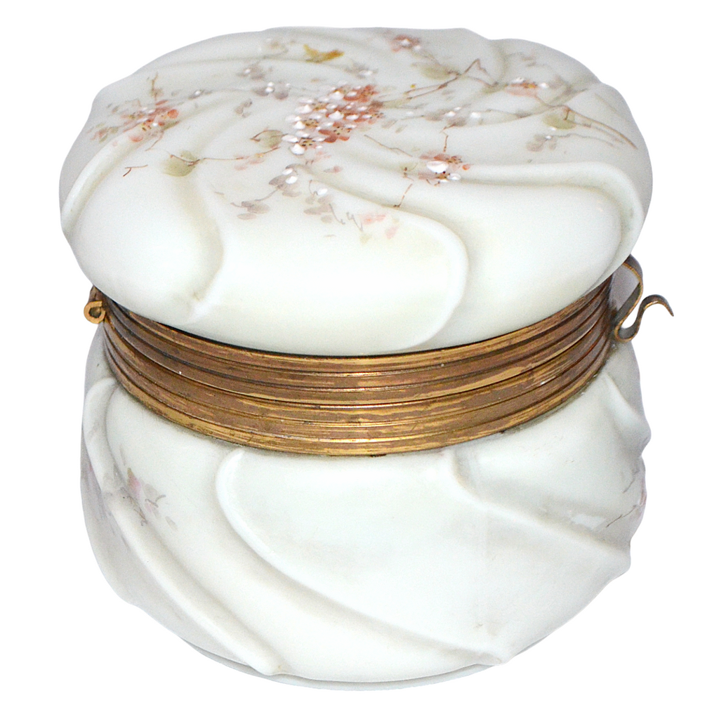 CF Monroe Helmschmeid Swirl Opal Ware Dresser Box with Orange Enamel Painted Flowers