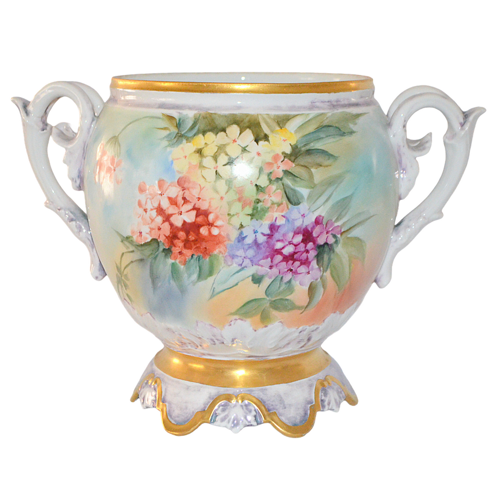 Antique Limoges Jardiniere Planter Hand Painted Phlox Artist Signed Porcelain Planter