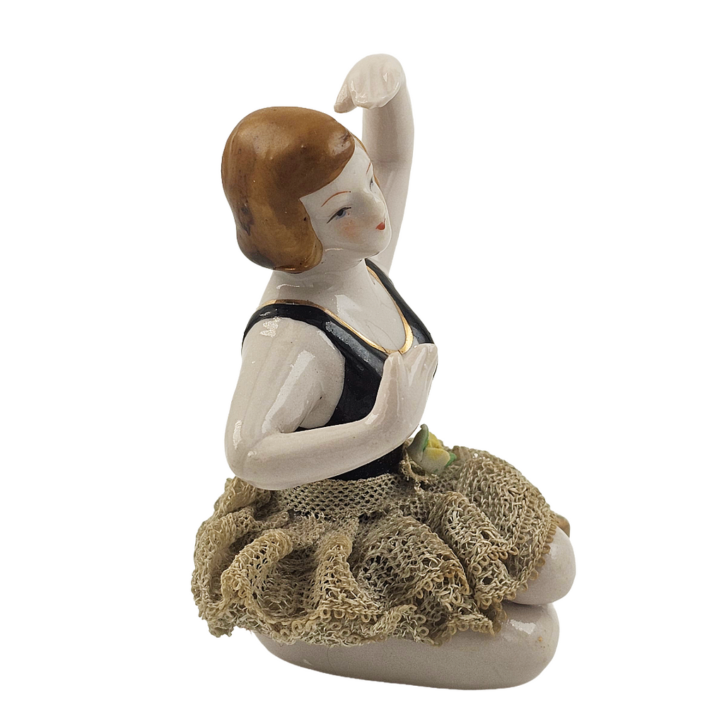 Porcelain Bisque Bathing Beauty Seated Ballerina Dresden Lace Skirt