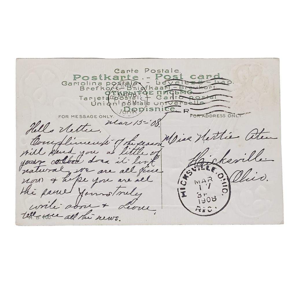 Vintage Saint Patrick's Day Postcard Erin Go Braugh Gold Harp Clover