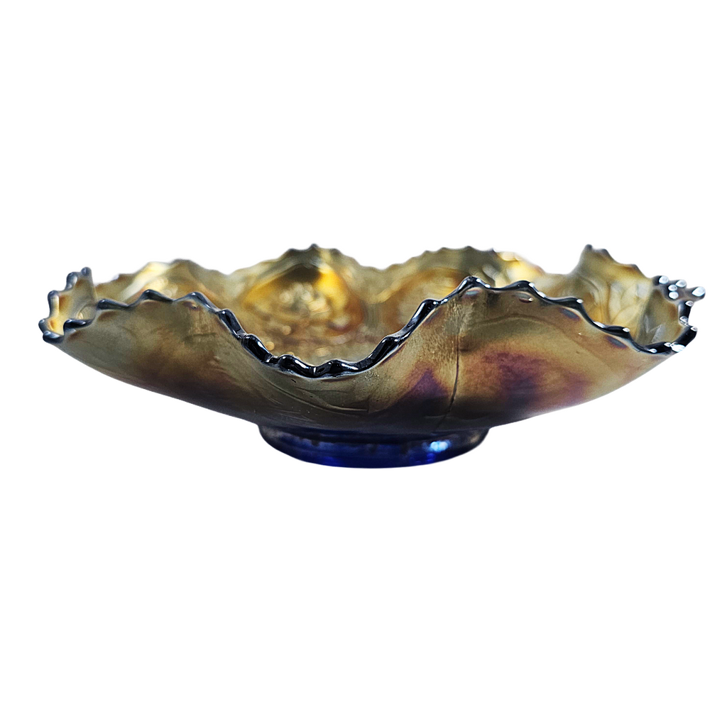 Fenton Dragon & Lotus Pattern Ruffled Cobalt Carnival Glass Bowl