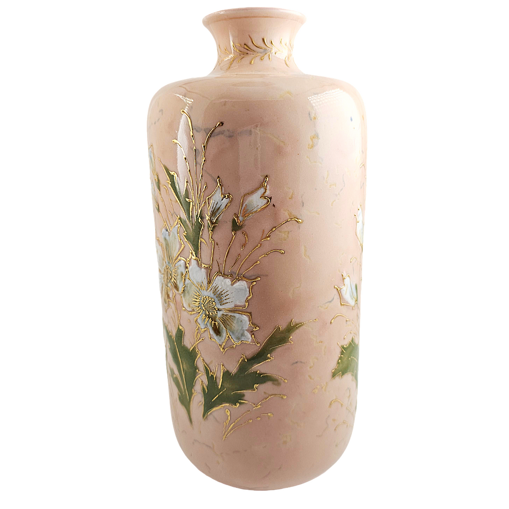 RS Prussia Porcelain Vase, Enamel White Flowers, Mold 909, 9 Inch
