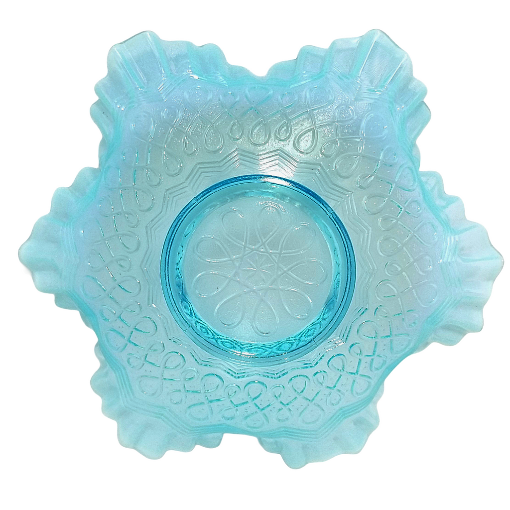 Jefferson Glass  Aqua Blue Opalescent Fluted Ruffle Bowl "Many Loops" Pattern