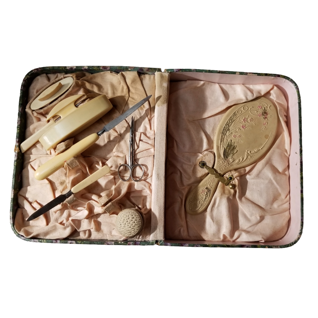 Vintage Celluloid Manicure Set in Box with Native American Scene