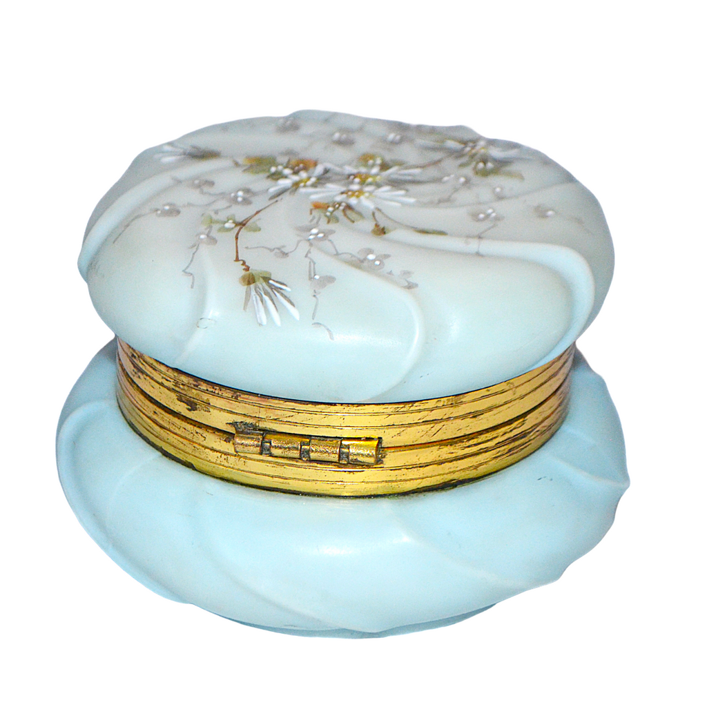 CF Monroe Helmschmeid Swirl Blue Opal Ware Dresser Box with Painted Daisies