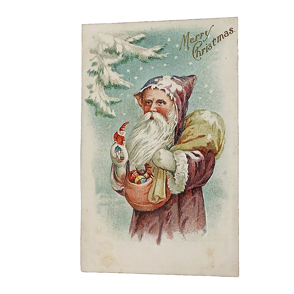 Christmas Postcard Old World Santa in Purple Robe Holding Jester Toy