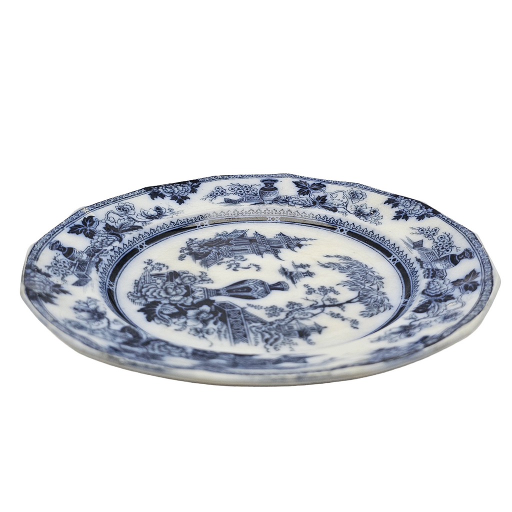 Antique English Flow Blue Ironstone Plate: W Adams & Sons Transferware, Oriental Chinoiserie Jeddo