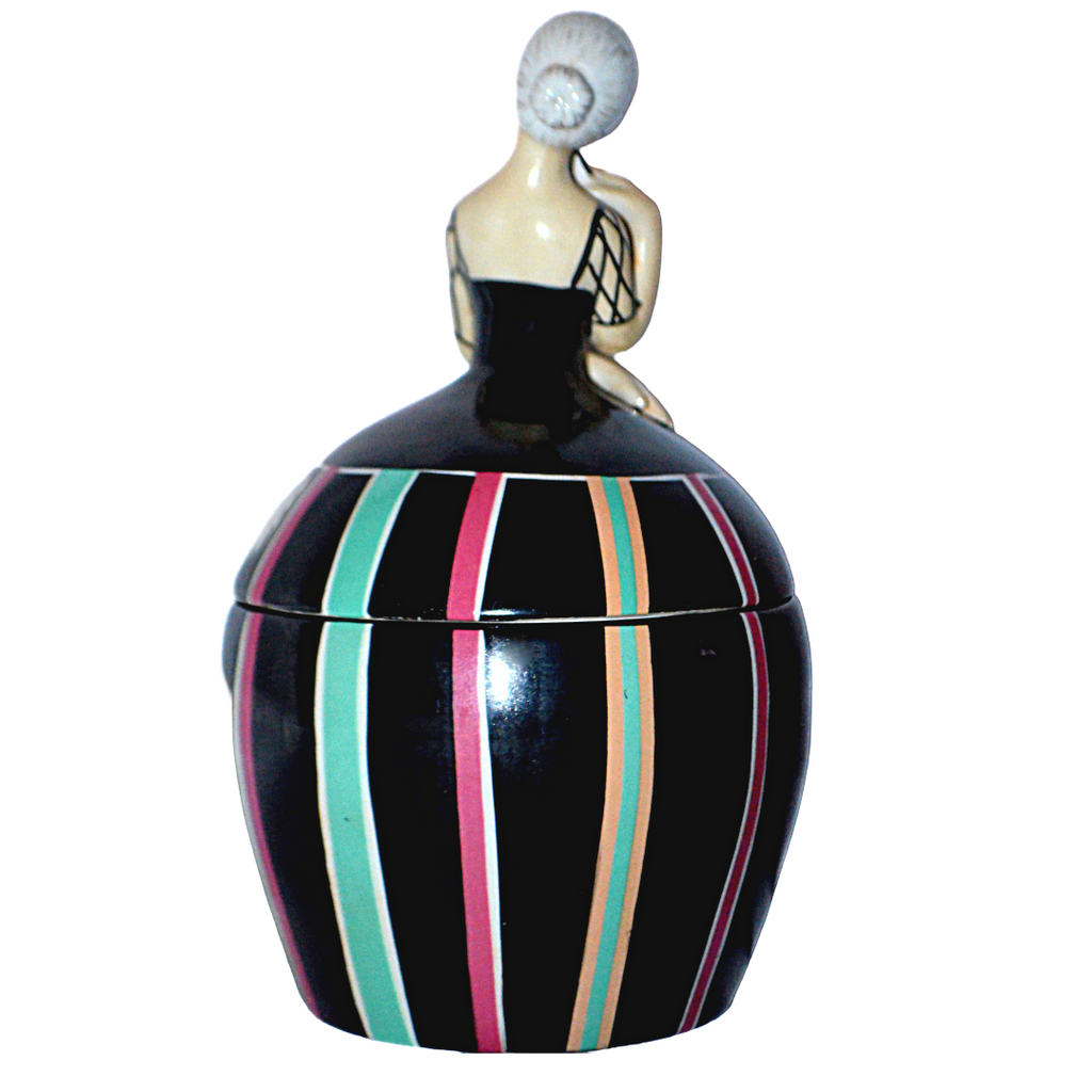 Robj French Art Deco Covered Jar Tobacco or Vanity Box Asian Lady w/ Fan