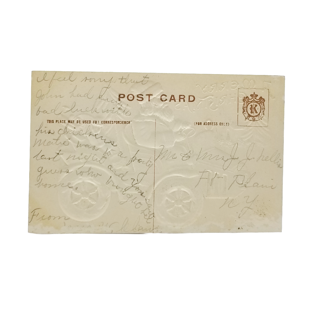 Christmas Postcard Santa Claus Driving Car with Toys Airbrush Embossed