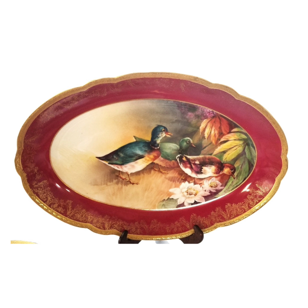 Antique Limoges 9 Piece Game Bird Service, Oval Platter with 8 Plates, Signed